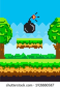 Bomba vectorial de estilo de arte de píxeles para juego de píxeles retro. Núcleo redondo negro con mecha que quema. Escándalo de 8 bits pixelado negro, viejo estallido de videojuego, detonar, error de advertencia en el paisaje natural de fondo