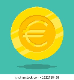 Pixel art style vector illustration of euro coin. Isolated object on green background.