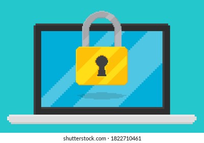 Pixel Art Vektorgrafik von lockpad auf Laptop-Bildschirm. SicherheitsVektorgrafik, flacher Cartoon-Design-Desktop-PC mit, Konzept des Firewall-Schutzes, Zugriff auf den Privatsphäre, private 