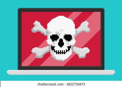 Pixel art style vector illustration of virus skull on laptop screen. Security vector illustration, flat cartoon design desktop pc, concept of firewall protection, privacy access,