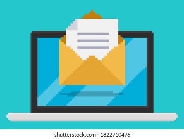 Vektorgrafik im Stil von Pixel-Kunst, offene E-Mail auf Laptop-Bildschirm