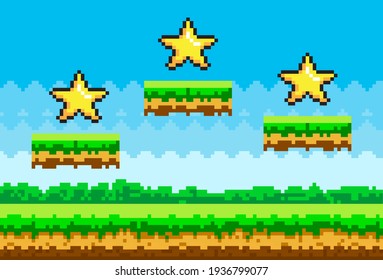 Pixel art style vector stars for retro pixel-game. Shiner golden object pixelated awards for player