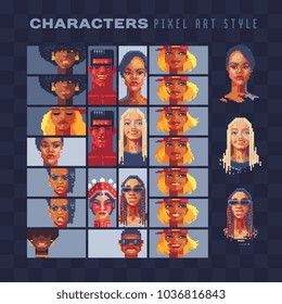 Pixel art style video game characters set. Blonde and woman with afro. Man fighter. Boy and girl. Avatar profile. Game assets. 8-bit. Sticker design. Isolated vector illustration.