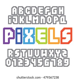 Pixel art style video game letters and numbers vector font set
