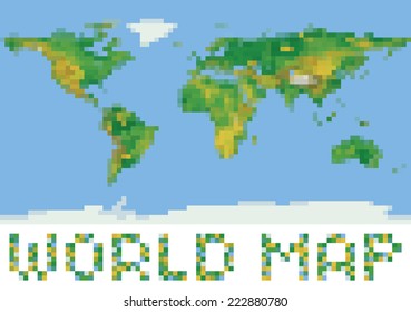pixel art style world physical map with green and yellow relief