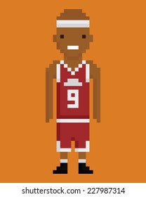 pixel art style young black man basketball player in red uniform with number 9