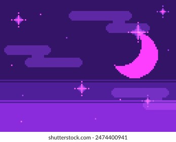 Pixel Art Styled Nightscape view Skylines wihth Moon Crescent, Bright Purple Colored