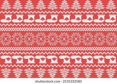 Pixel art style.Knitted Christmas and New Year pattern.Scandinavian nordic ethnic.Winter geometric seamless.Seamless Christmas Embroidery Paper Pattern.graphic,carpet,wallpaper,sweater,scarf