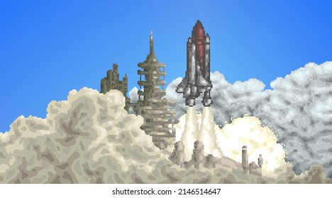 Pixel art style.Space shuttle launch. Rocket launch into space from the spaceport. Space flight. Vintage retro pixelart colorful flat illustration.