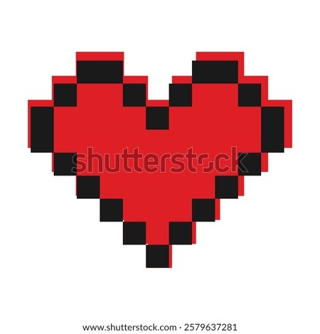 Pixel art Stylized Heart Red with black stroke. St Valentines Day greeting design element Minimalism