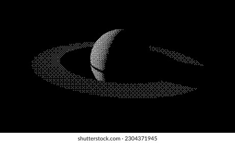 Pixel Art Stylized Saturn Planet with Rings. Black Space Background. Universe and Space Travel Concept. Minimal Pixel Art Style Vector Space Illustration.