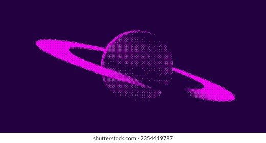 Pixel Art Stylized Saturn Planet with Rings. Retrowave Synthwave Cyberpunk Planet Space Background. Universe and Space Travel Concept. Minimal Pixel Art Style Vector Space Illustration.