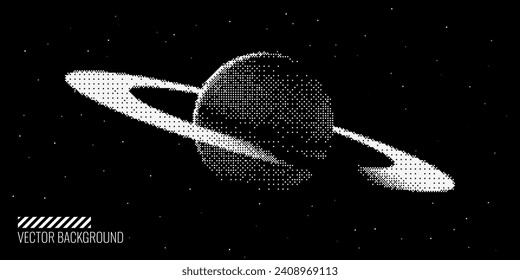 Planeta de Saturno de estilo Pixel con anillos. Fondo del espacio negro vintage. Concepto de viaje universal y espacial. Ilustración mínima de vectores de espacio de ciencia ficción Pixel Art Style Retro de 8 bits.