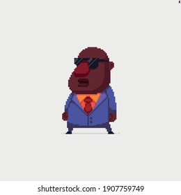 Pixel art successful man in office suit and black sun glasses