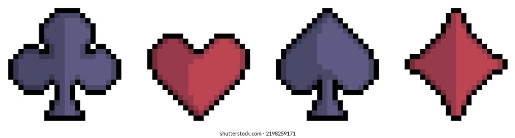 Pixel art suit playing cards, hearts, diamonds, clubs, spades vector icon for 8bit game on white background 