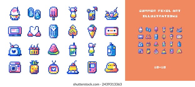 Pixel Art Summer Beach Party Set. 8bit Style Stickers of Summer Vacation Elements - Sunglasses, Beach Balls, Ice Cream, Beverages, Music Records, Cameras, Palm Trees. Vector Summertime Y2K Collection.