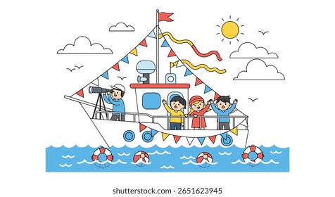 Pixel Art Summer Celebration Aboard a Festive Pirate Ship with Happy Children Enjoying the Sunny Day
