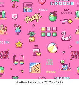 Pixel Art Verano Fiesta Patrón Sin Costura. 8-bit Retro Y2K Fondo de textura de juego en rosa lindo