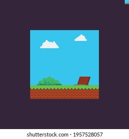Pixel Art Sommerszene mit Wolken, Busch, Tragetür, Gras und Boden