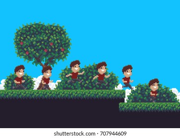 Pixel art summer scene with tree, grass, clouds and running man