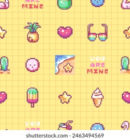 Pixel Art Summer Seamless Pattern. 8 bit Retro Y2k Game Texture Background.