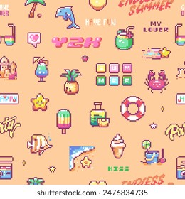 Pixel Art Summer Seamless Pattern. 