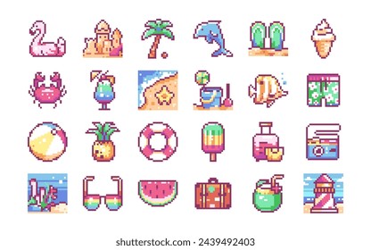 Pixel Art Conjunto de vacaciones de verano. Lindas decoraciones de 8 bits, patrones y símbolos.