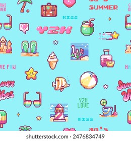 Pixel Art Summer Vibes Seamless Pattern. 8-bit Retro Y2K Game Texture Background in Cool Blue