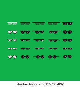 Pixel art sun glasses isolated on green chroma key background. Sunglasses, black and white different shape fashion shades in pixel art style. Vector illustration