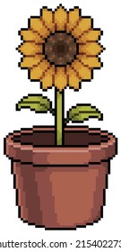 Pixel art sunflower flower in vase vector icon for 8bit game on white background

