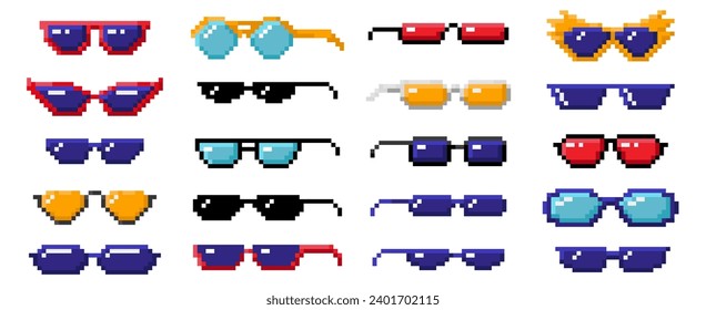 Pixel art sunglasses. Color 8 bit glasses for pranking memes, pixelated summer style eyeglasses vector set of game pixel eyeglasses, gangster vintage illustration