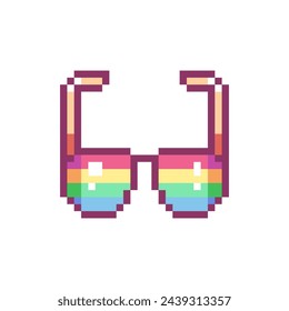 Pixel Art Sunglasses Icon. Vector Y2K 8Bit Sticker of Sunny Eyewear. Cute Retro Summer Sun Specs Video Game Element for Graphic Design.