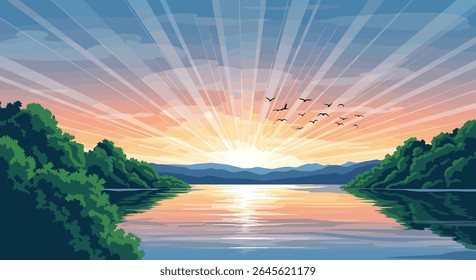 Pixel Art Nascer do Sol Sobre Lago Tranquil e Exuberantes Colinas Verdes