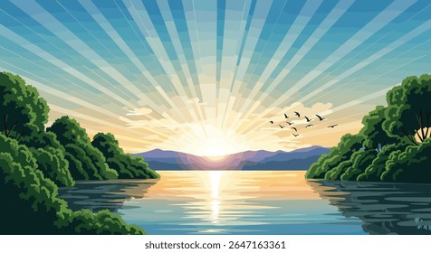 Pixel Art Sunrise Over Tranquil Lake and Lush Green Hills
