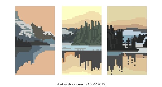 pixel art sunrise sunset lake vector flat minimalist isolated illustration 8 bit 16 bit retro game forest, and river, mountains on vertical background landscape vector illustration