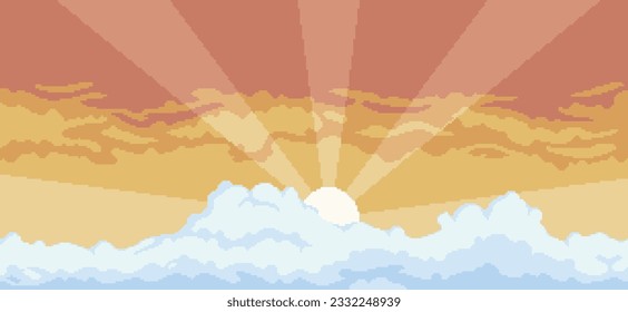 Pixel art sunset background with clouds for game in 8bit