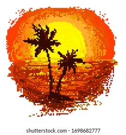 Pixel art sunset background with palm trees 