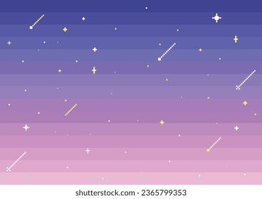 Pixel art sunset dawn dark sky with stars background,Arcade retro 8 bit, blue to purple magenta gradation. Vector illustration