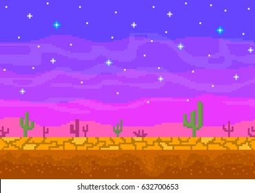 Pixel Art Sunset In The Desert. Background For The Game.