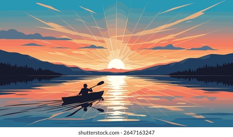 Pixel Art Sunset Kayak Aventura em um lago Serene