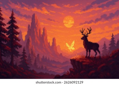 Pixel arte pôr do sol cena montanha com um veado majestoso em um penhasco e brilhante fênix saltando em um céu ardente. Fundo de fantasia retro de 16 bits perfeito para jogos, narrativa ou ilustração.