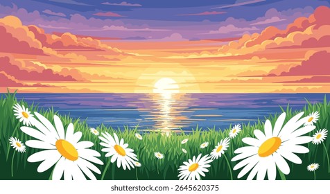 Pixel Art Sunset Over Calm Ocean With Daisies In Foreground