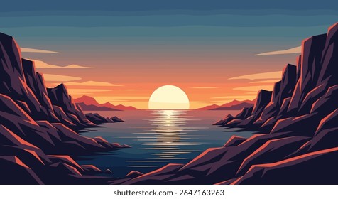 Pixel Art Sunset Over Calm Ocean Waters Between Rocky Shores