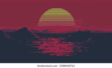 Pixel art of the sunset over mountains. 8-bit style. glitch effect. in the style of retro video games. silhouette of mountains and sea with sunset. vector graphics.
