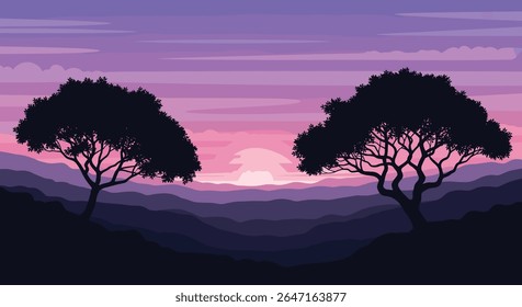 Pixel Art Sunset Over Rolling Hills with Silhouetted Trees
