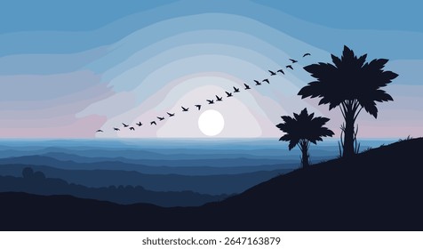 Pixel Art Sunset Over a Tranquil Ocean with Flying Birds