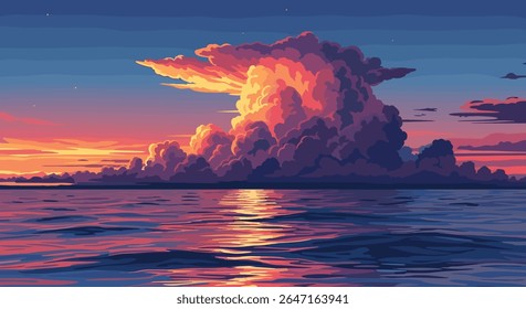 Pôr do sol Pixel Art sobre um Oceano Tranquilo Reflexão