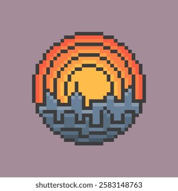 Pixel art of sunset or sunrise over the city, simple but effective capturing the beauty of a sunset or sunrise. The pixelated style gives the image a retro and nostalgic feel.  Vector Illustration