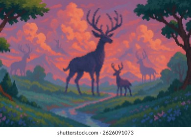 Pixel art sunset valley with majestic stag and fawns silhouetted against rosy clouds, lush hills, and winding stream. Retro 16‑bit fantasy scene ideal for game backgrounds and nature themes.