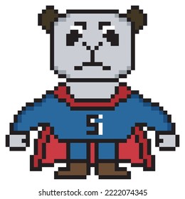 Pixel art superhero panda illustration character. 